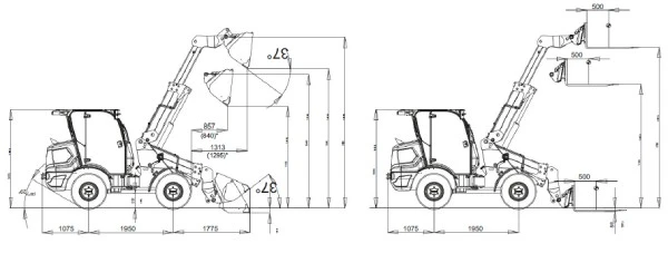 Diagrama técnico de la pala cargadora telescópica Venieri 1.63DTL con medidas y dimensiones.