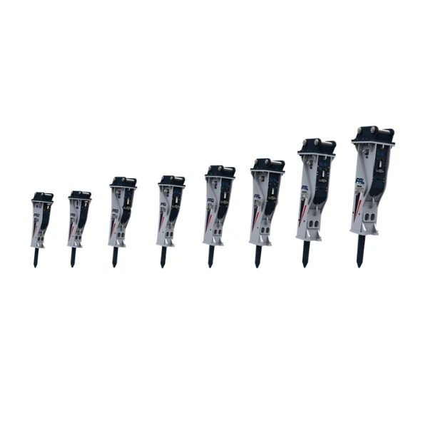 Furukawa FX en GRUPOCIBSA: martillo hidráulico FX para miniexcavadora 1–2,5 t, 18–35 l/min, 10–14 MPa y puntero Ø45 mm; gama FX15, FX25, FX35, FX45 y FX55.