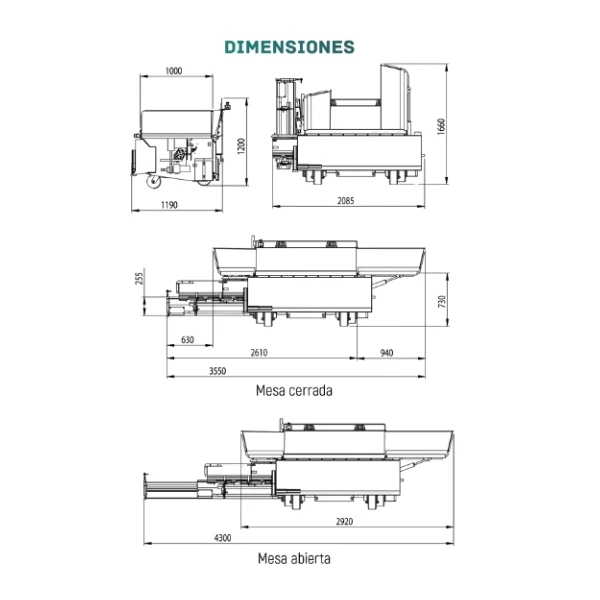 Planos De Dimensiones De La Cams Tappabuchi+ Con Vista Lateral Y Superior De Mesa Cerrada Y Abierta.