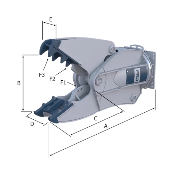 Plano técnico con dimensiones de Demoledor Secundario FURUKAWA FRD modelos VM10ER, VM13ER, VM16ER, VM19ER, VM25ER, VM32ER, VM42ER, VM60ER y VM80ER para excavadoras.