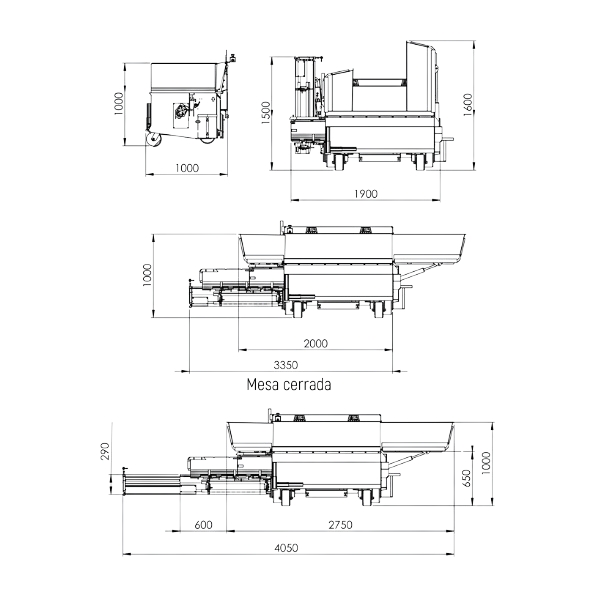 Plano técnico con medidas de la CAMS Pavijet MG7 mini asfaltadora.