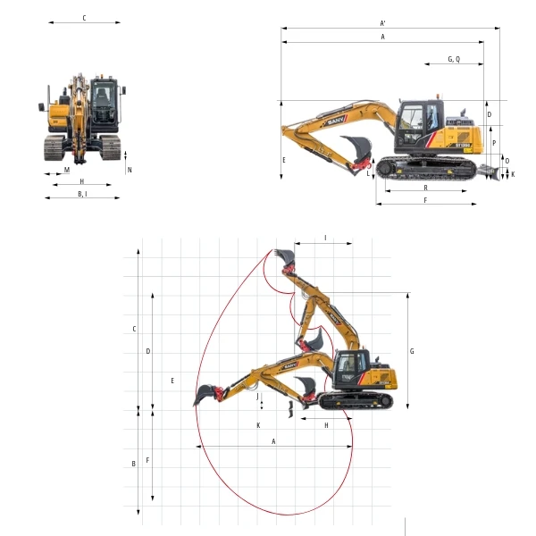 Diagramas Tecnicos De La Excavadora Sany SY135C Con Medidas, Dimensiones Y Curvas De Alcance De Excavacion.