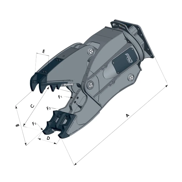 Dibujo técnico del multiprocesador Furukawa con indicación de dimensiones y apertura de mandíbulas, perteneciente a la gama Furukawa VMX35-S, VMX30-S, VMX25-S, VMX17-S, VMX13-S y VMX10-S distribuida por GRUPOCIBSA.