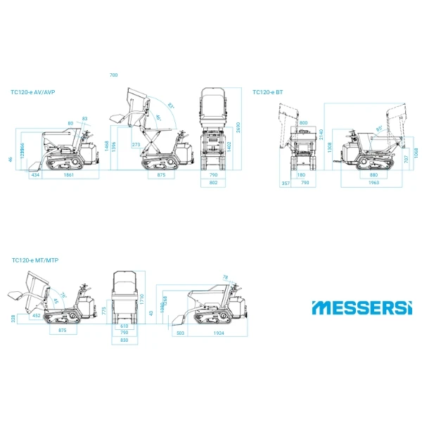 Plano de dimensiones técnicas con cotas del minidumper eléctrico Messersi TC50.