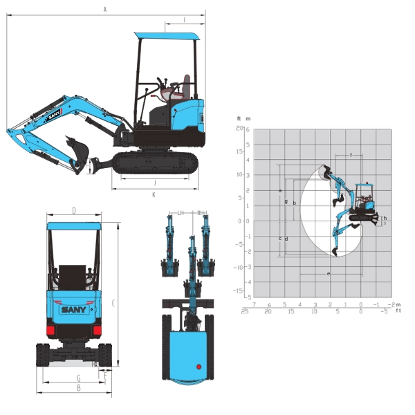 Dimensiones Y Area De Trabajo De La Excavadora SANY SY19E.