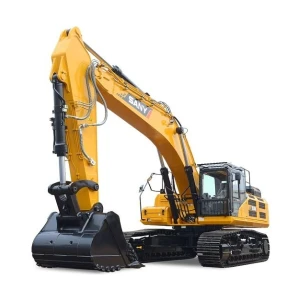 Excavadora SANY SY500H vista lateral sobre fondo blanco mostrando diseño monoblock y orugas reforzadas.